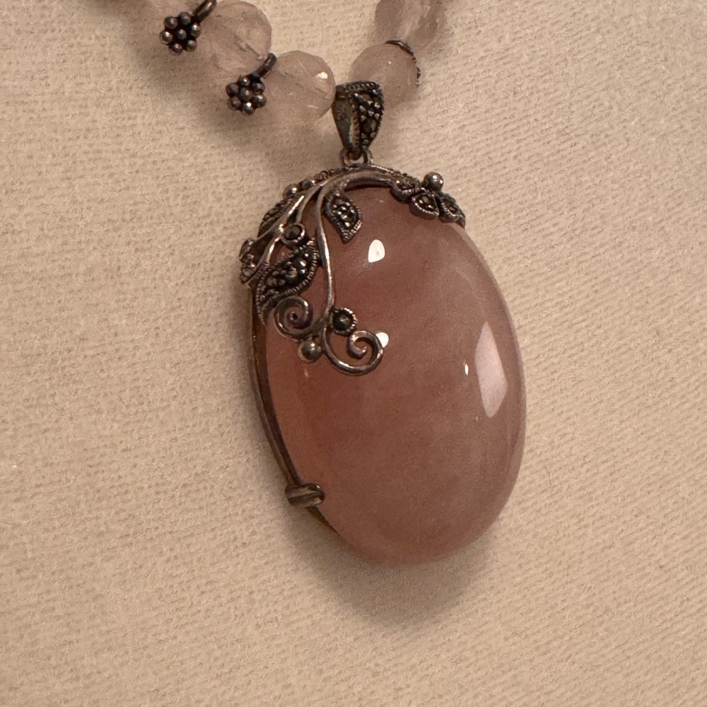 Elegant Vintage Rose Quartz, marcasite, filigree frame Pendant Necklace,